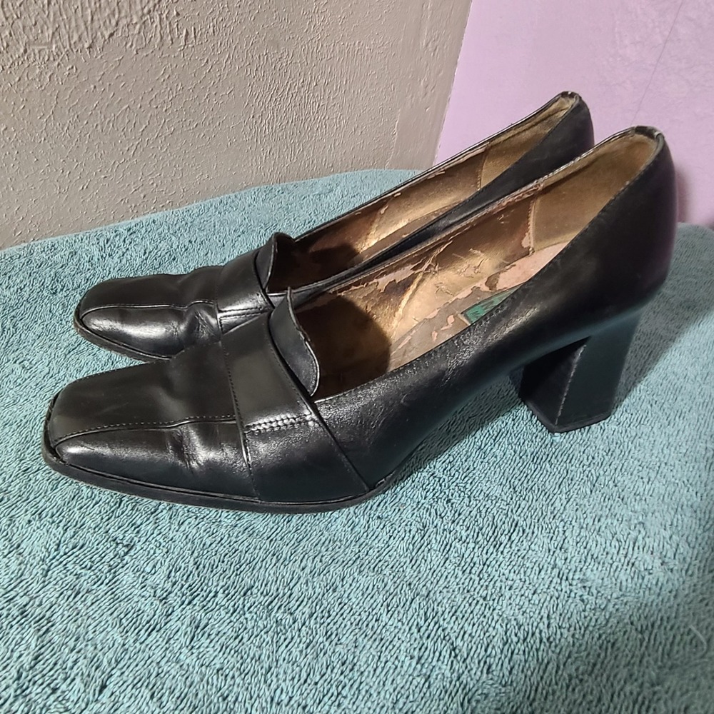 Bruno Melli Italian Leather Square Toe Block‎ Heel Pumps Women's Size 8.5 Black